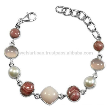 Pearl Rhodochrosite Rose Quartz & Pink Opal Gemstone com 925 Silver Designer Chain Bracelet